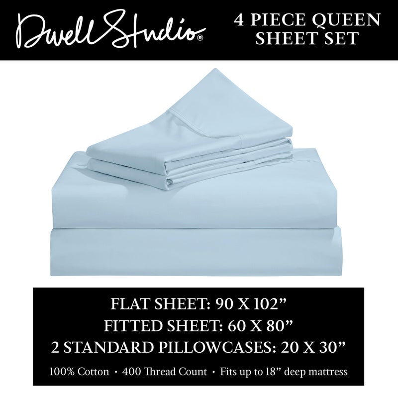 DwellStudio Dwell Studios Luxe Comfort: 400TC Cotton Sateen Weave Queen Sheet 4 Pc Set - Extra Deep Pocket - Fits 18" Mattresses - Blue, Queen - Image 4
